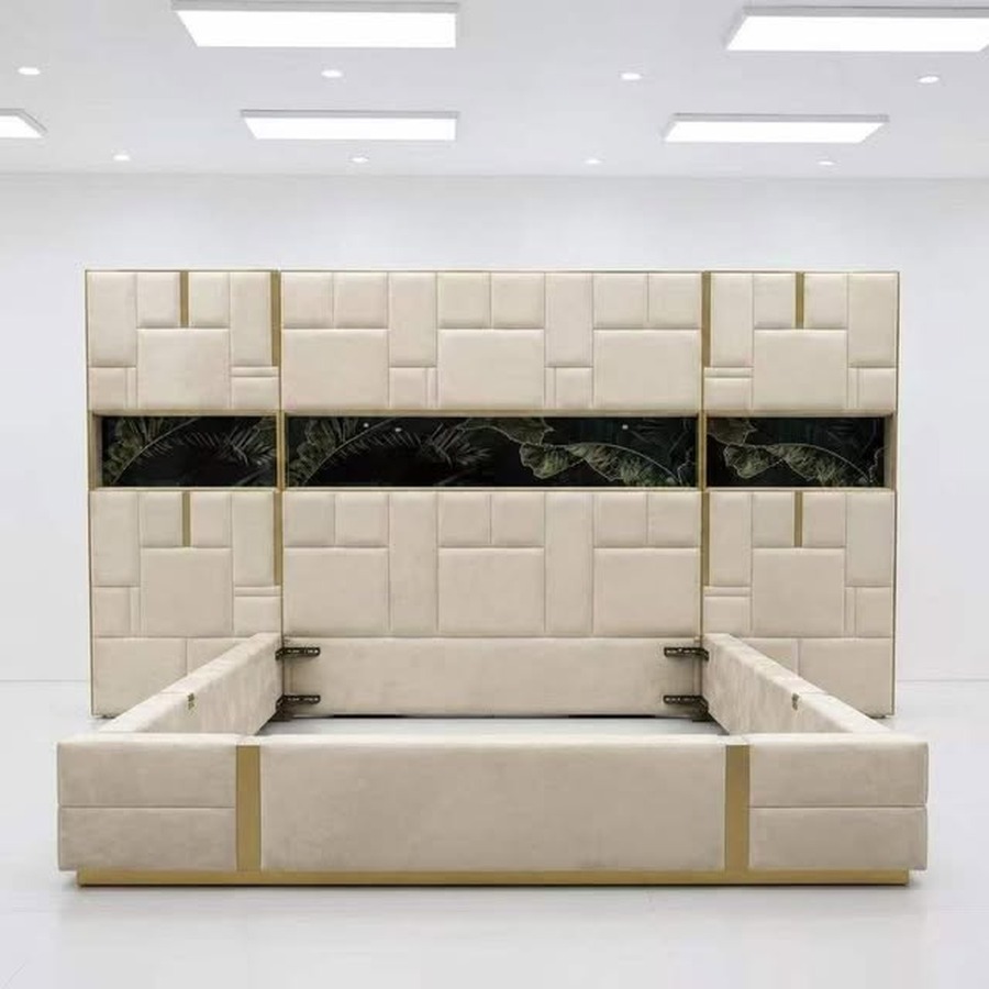 Cream Marble-Inlay Panel Bed