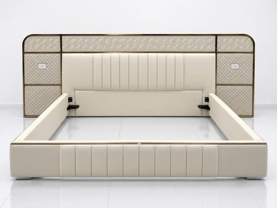 Tan Leather Gold-Trim Bed