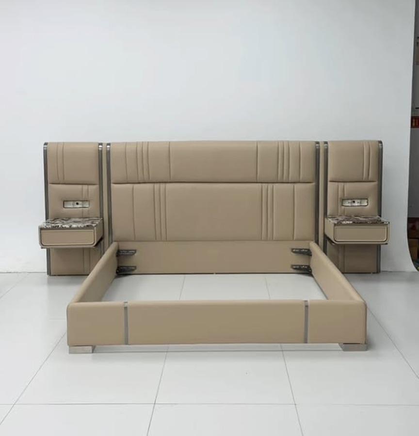 Tan Leather Bed with Nightstands