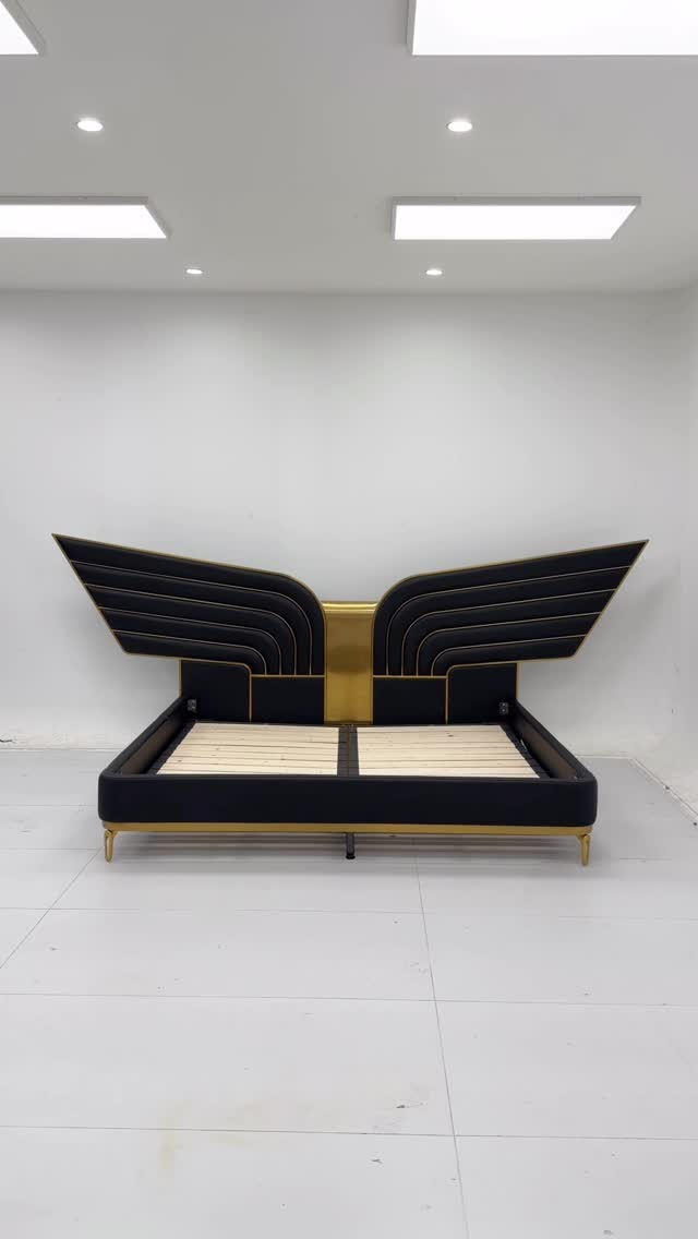Black Wing-Headboard Bed with Gold Trim